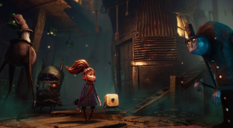 Ein Mädchen und ein Würfel stehen in einem märchenhaften Comic-Setting