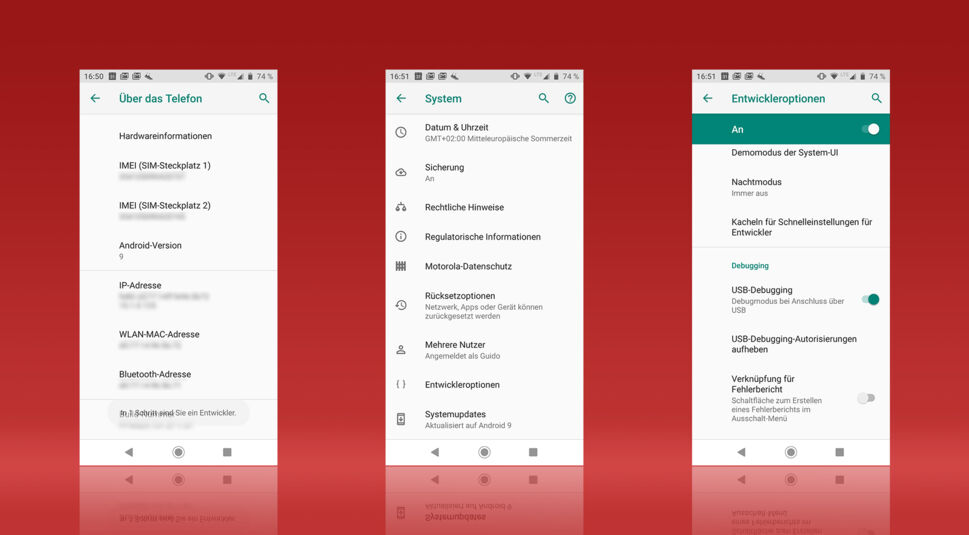 Screenshots aus Android zeigen, wie Du in den Entwickleroptionen die USB-Debugging-Funktion findest