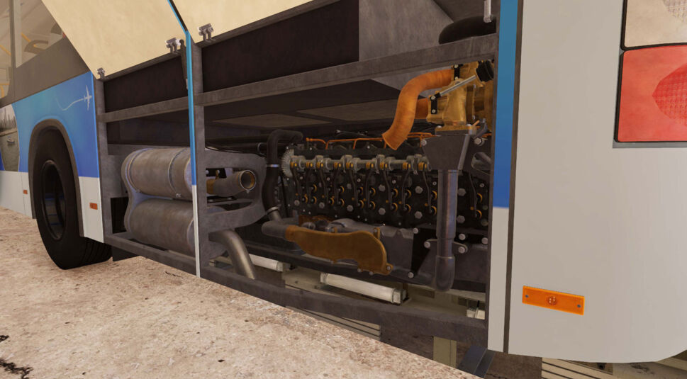 Game-Screenshot aus der Buswerkstatt des "Bus Mechanic Simulator"