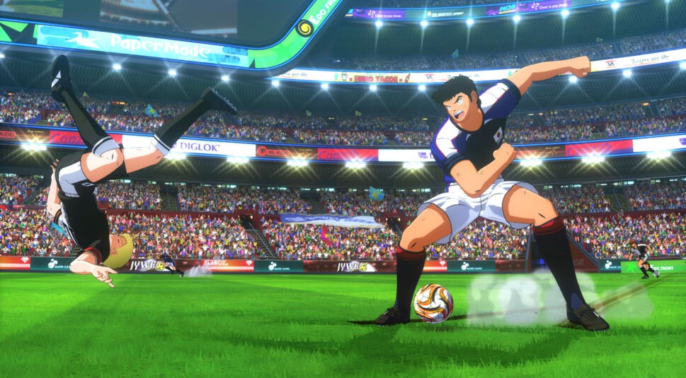Zwei Spieler stehen sich auf dem Feld gegenüber. Eine Szene aus dem Spiel Captain Tsubasa Rise of New Champions 