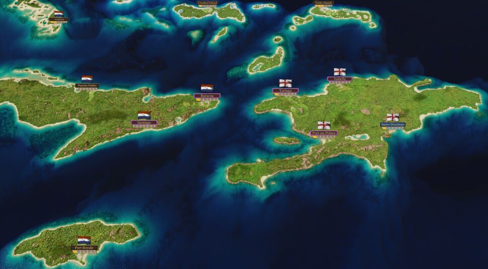 Game-Screenshot aus der Handelssimulation "Port Royale 4": Zu sehen sind die Spielnationen auf einer Handelskarte.