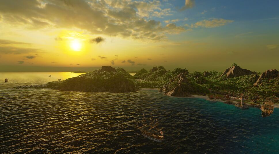 Die Karibik bei Sonnenuntergang im Spiel "Port Royale 4"