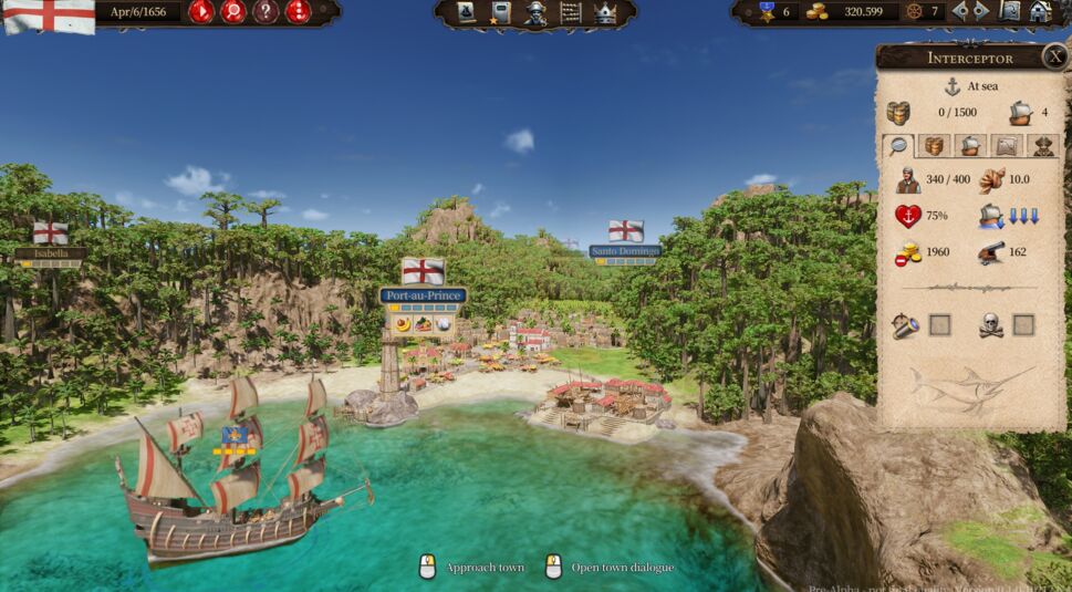 Game-Screenshot aus der Handelssimulation "Port Royale 4" vor einem karibischen Hafen, rechts ist das Spielmenü zu sehen.