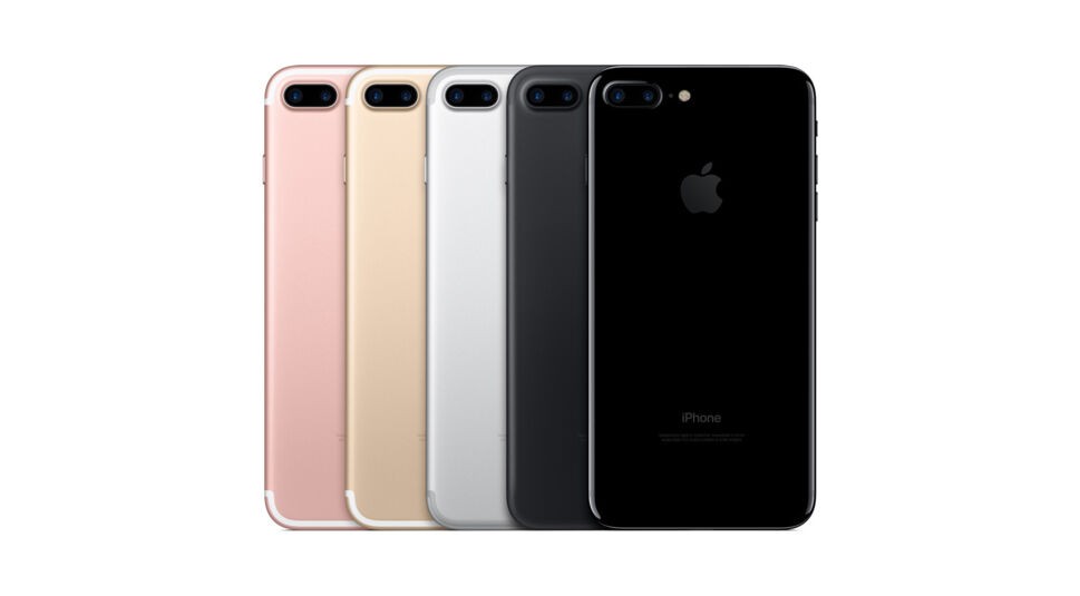 Das iPhone 7 Plus in fünf Farbvarianten (Rosa, Gold, Weiß, Grau, Schwarz)