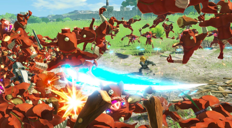 Link kämpft gegen eine Horde Monster. Ein Screenshot aus dem Game "Hyrule Warriors: Zeit der Verheerung"