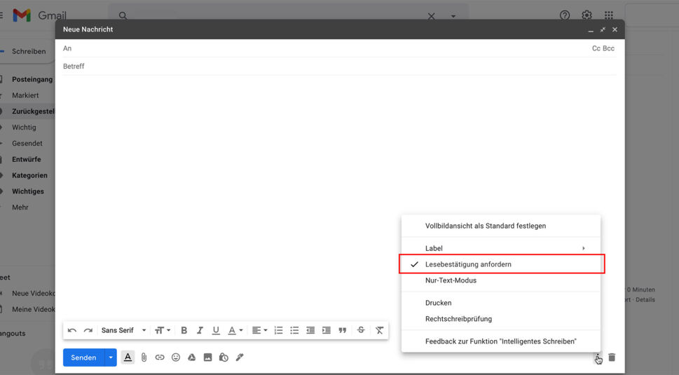 In Gmail eine Lesebestätigung anfordern