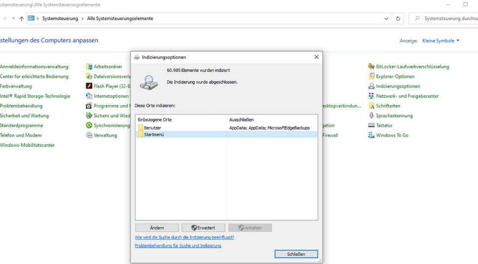 Indizierungsoptionen für die Suche in Windows 10 festlegen