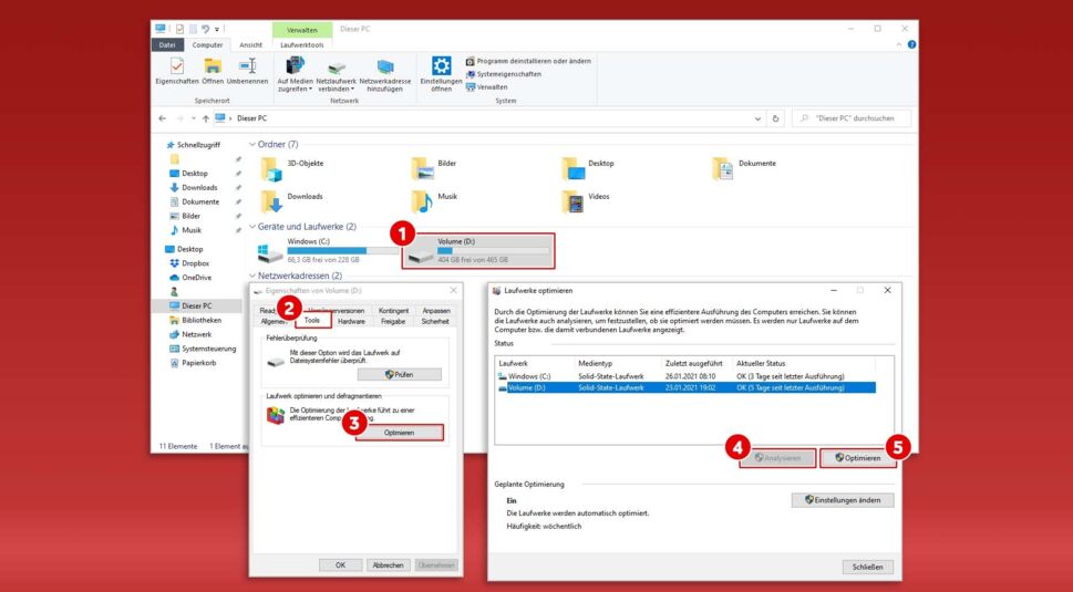 Screenshot Festplatte defragmentieren unter Windows 10