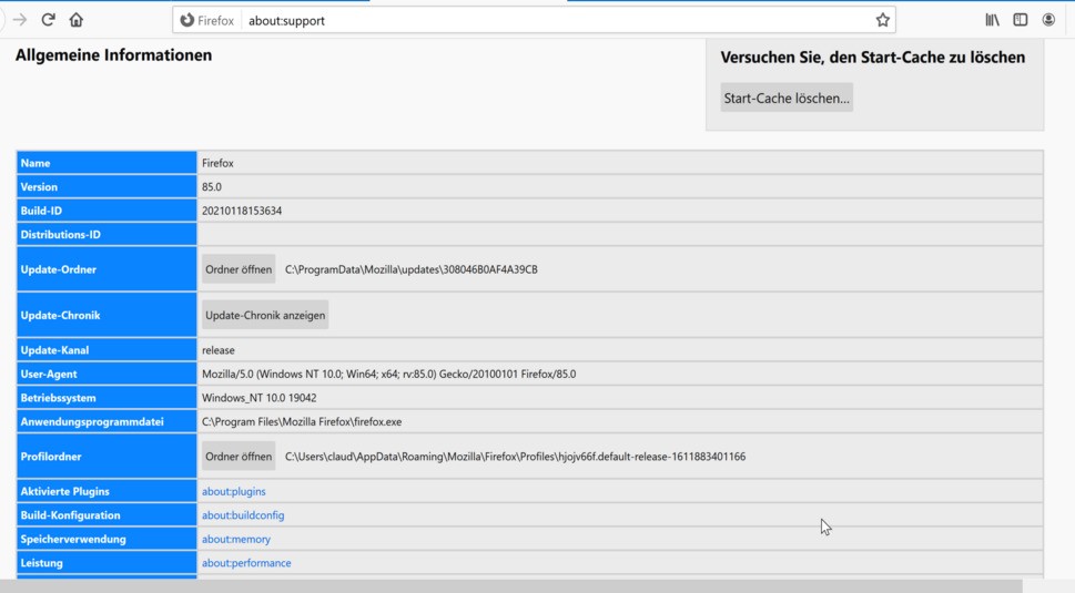 Firefox bereinigen und Profilordner öffnen