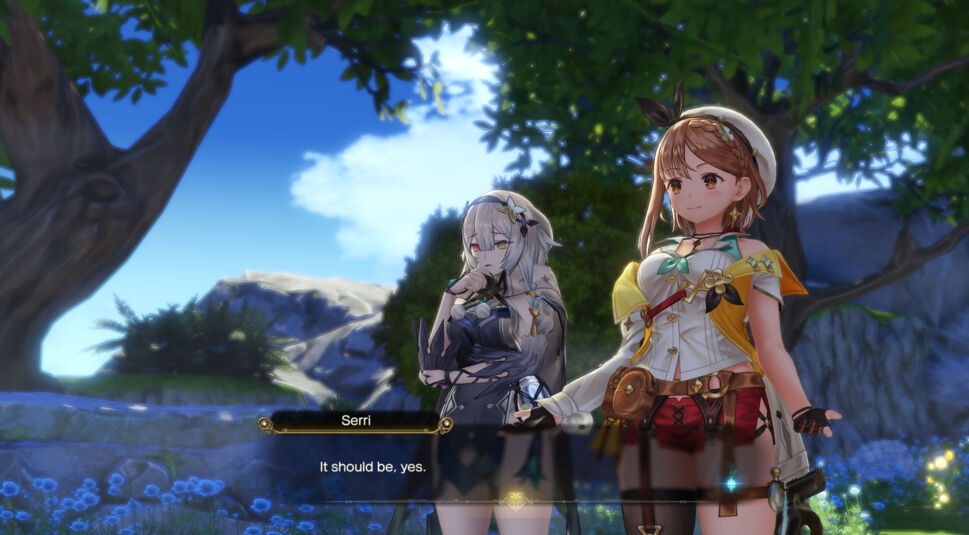Screenshot aus dem Spiel "Atelier Ryza 2". Die zwei Charaktere Ryza und Seri betrachten etwas.