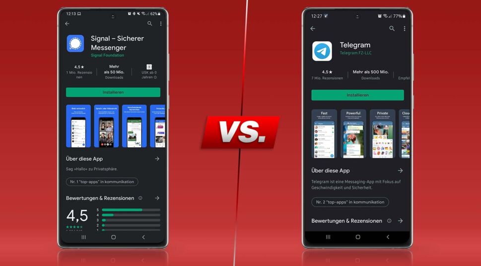 Screenshots von Signal und Telegram im Google Play Store.