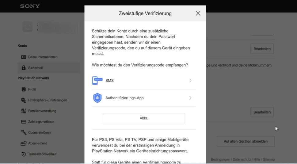 Zweistufige Authentifizierung PSN
