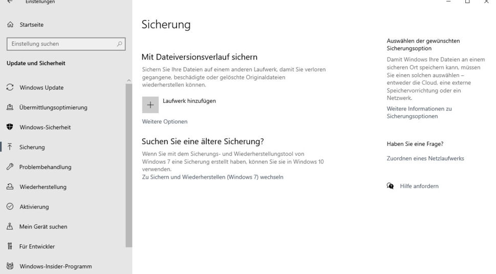 Dateiversionsverlauf für Windows-10-Back-up nutzen