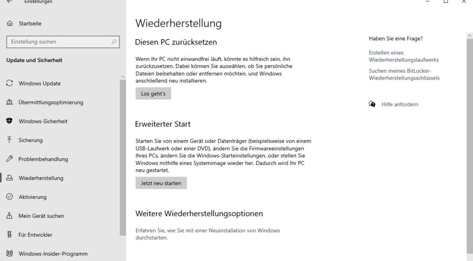 Windows 10: Einstellungsmenü zum Zurücksetzen des Systems