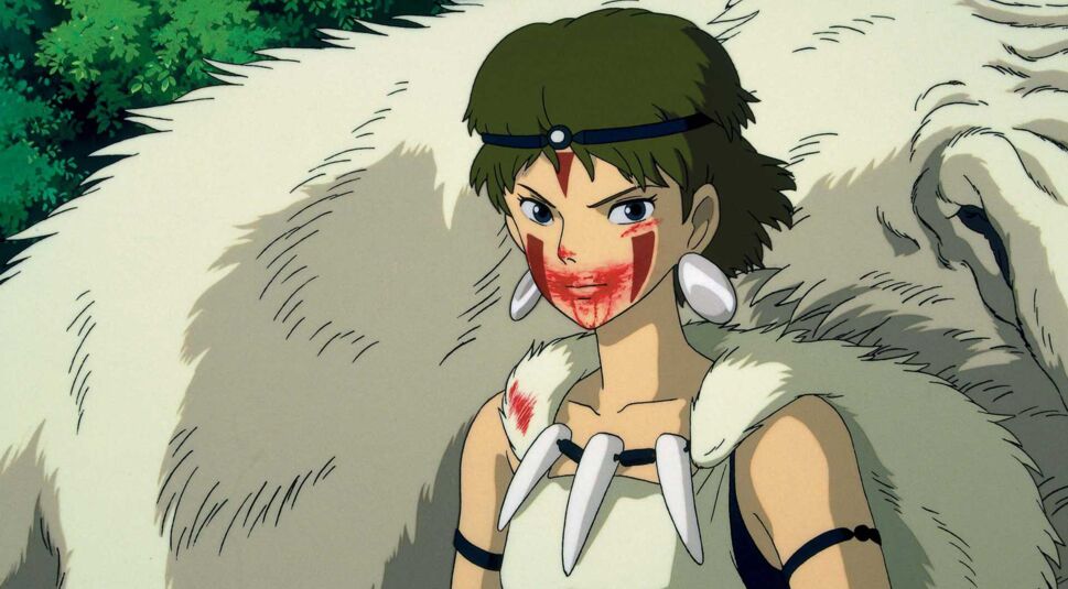 Prinzessin Mononoke steht vor einem Wolf