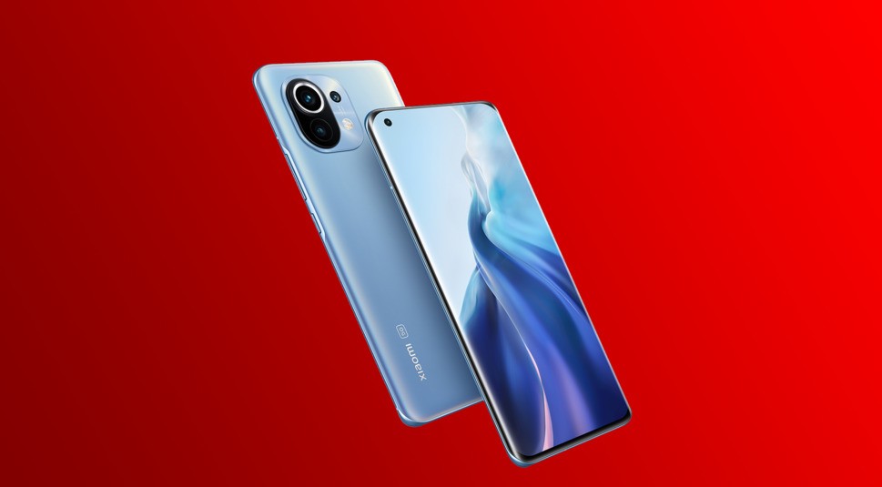 Das neue Smartphone Xiaomi Mi 11 | 5G in Horizon Blue frontal und rückseitig.