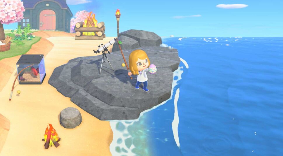 Charakter in Animal Crossing fischt nach Ostereiern