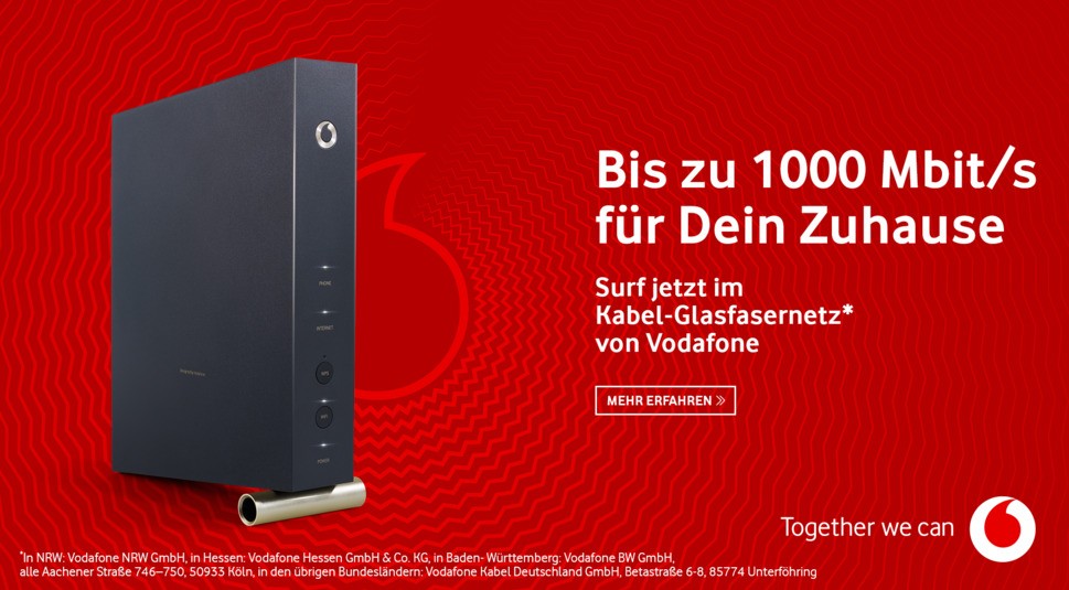 Bis zu 1000 Mbit/s für Dein Zuhause im Vodafone Kabel-Glasfasernetz