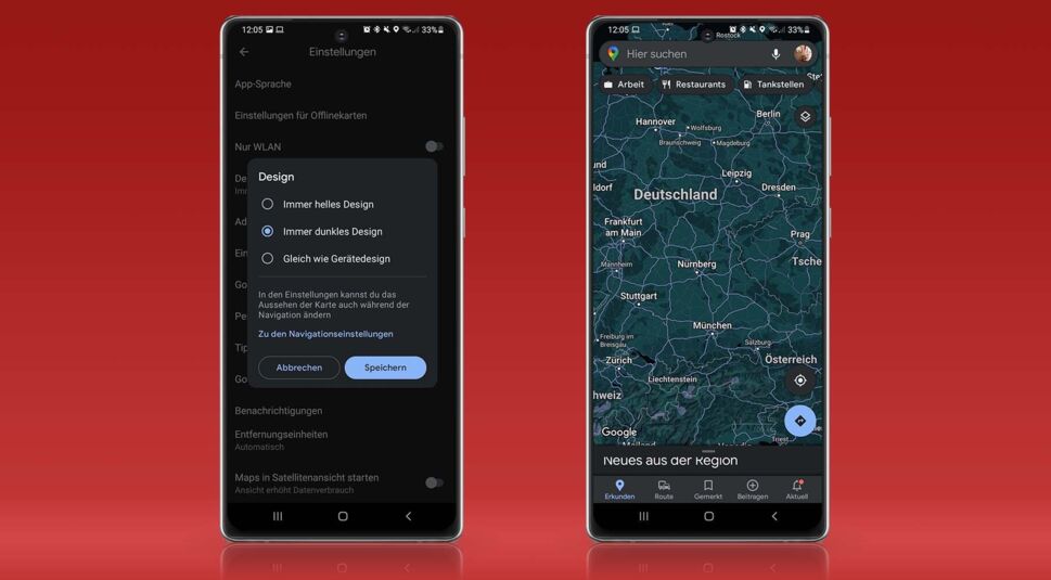 Screenshots vom Dark Mode von Google Maps