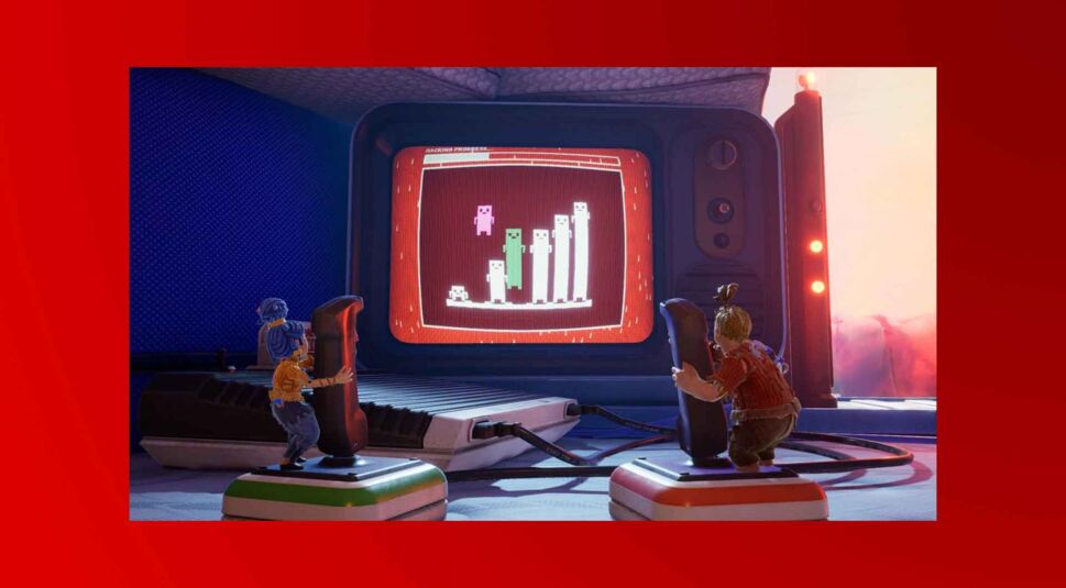 Die Puppen Mary und Cody spielen mit zwei Controller-Sticks im Game "It Takes Two".