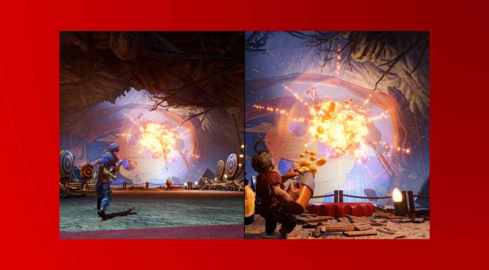 Im Split Screen sind die beiden Puppen Mary und Cody im Spiel "It Takes Two" zu sehen.