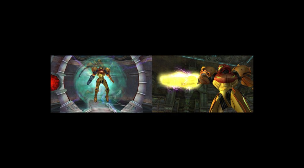 Die Weltraum-Jägerin Samus Aran trägt ihren Power-Suit und kämpft mit ihrer Kanone gegen einen Gegner.