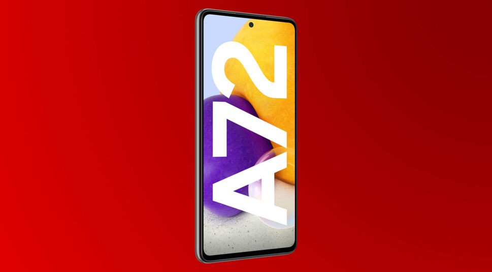 Das Samsung Galaxy A72 in Schwarz von der Vorderseite.