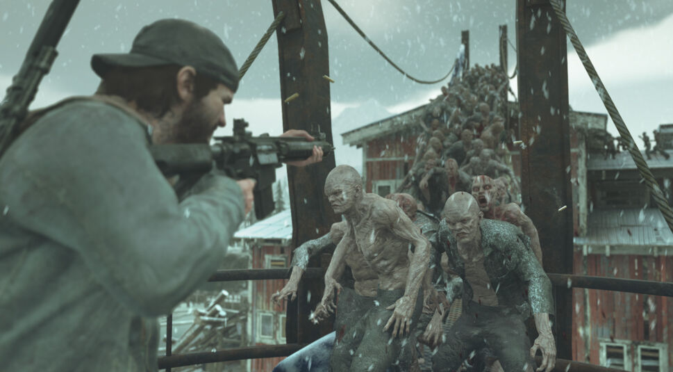 Ein Mann kämpft auf einer Brücke gegen Zombie-artige Kreaturen