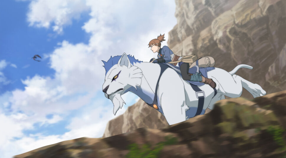 Helferin Marci reitet auf einem wolfs- und tigerähnlichen Wesen in DOTA: Dragon's Blood.