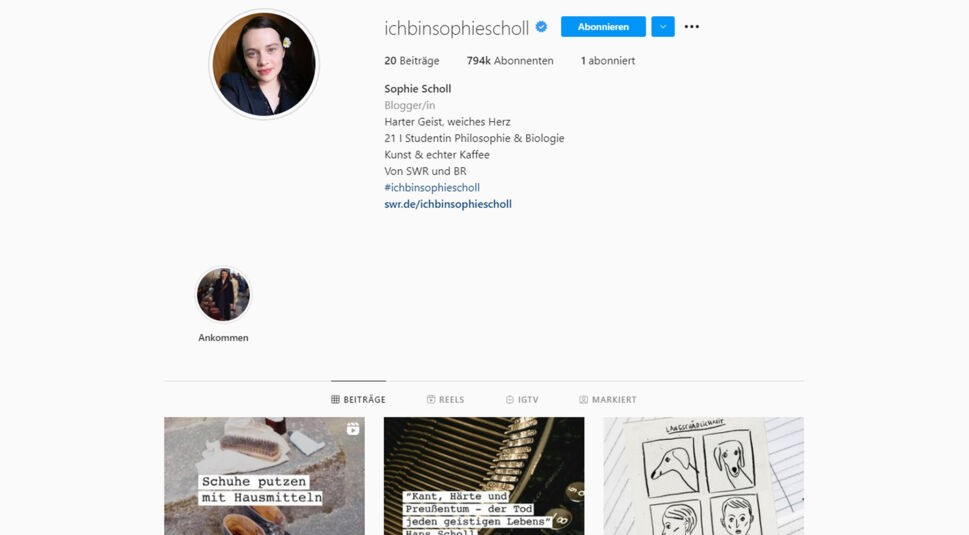 Instagram Profil von Sophie Scholl