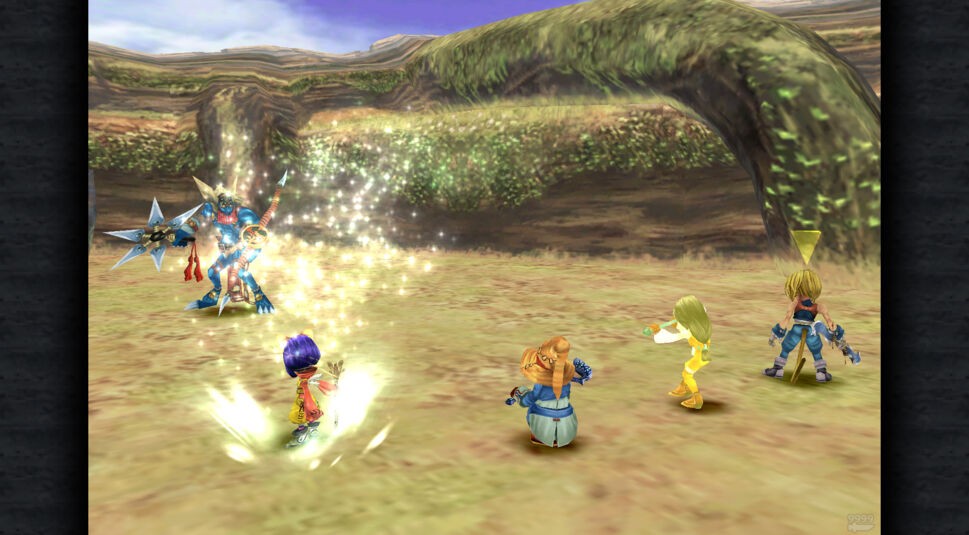 Die Held:innen aus dem Spiel "Final Fantasy IX" bekämpfen einen Gegner mit Magie.