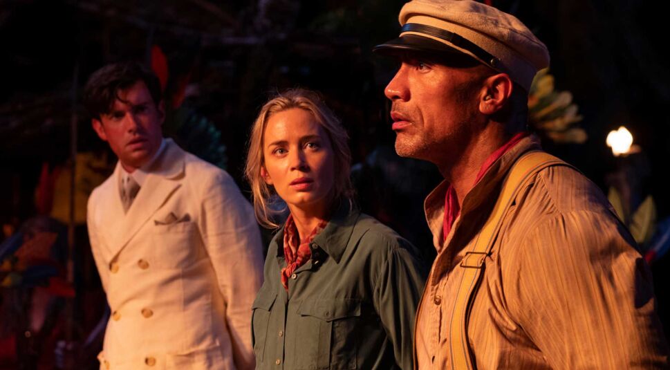 Jack Whitehall, Dwayne Johnson und Emily Blunt in Jungle Cruise