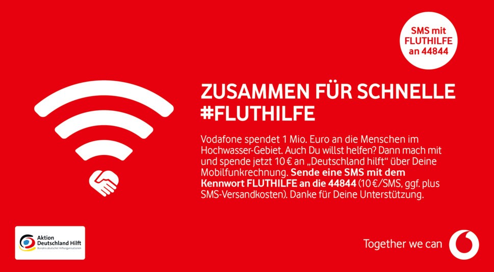 Ein Spendenaufruf von Vodafone für Betroffene der Hochwasserkatastrophe in Deutschland 2021.
