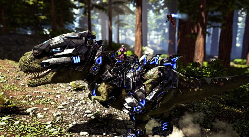Ein T-Rex mit Rüstung im Spiel Ark: Survival Evolved