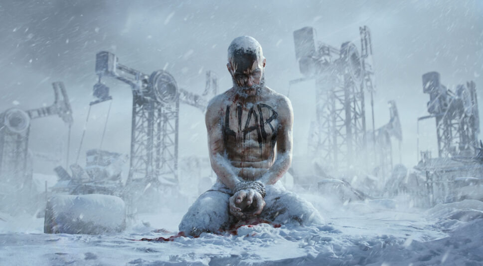 Ein Mann sitzt mit gefesselten Händen vor einer Ölpumpe in einer Eiswelt.