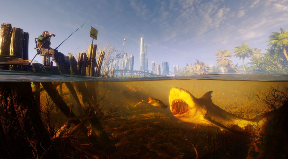 Ein Hai nimmt einem Angler den Fisch weg