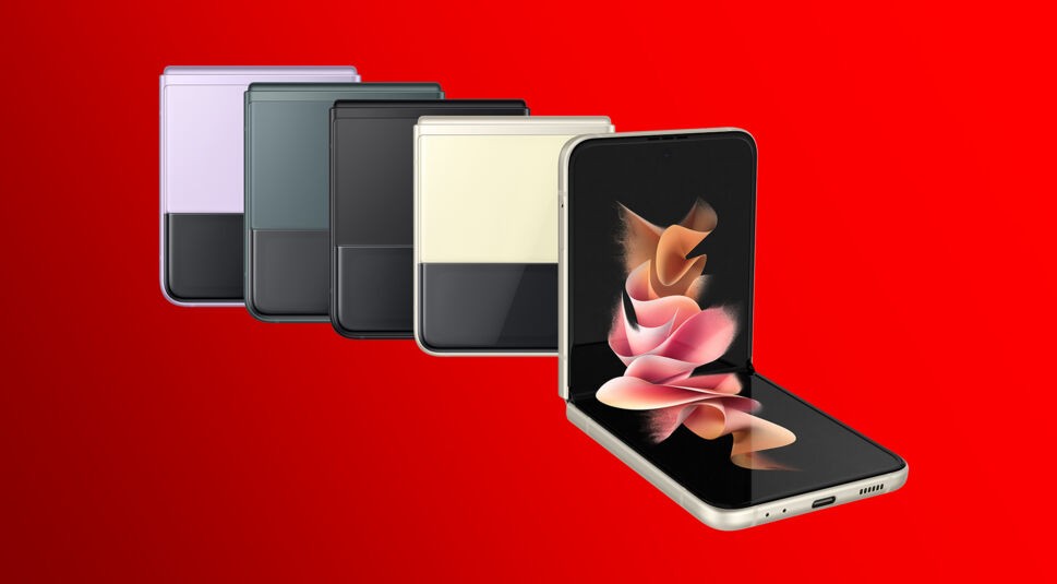 Das Samsung Galaxy Z Flip 3 5G in den Farben Phantom Lavender, Phantom Green, Phantom Black und Phantom Cream.