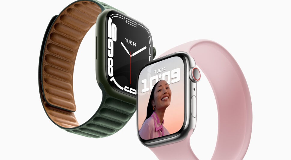 Apple Watch 7 in zwei Farben vor weißem Hintergrund