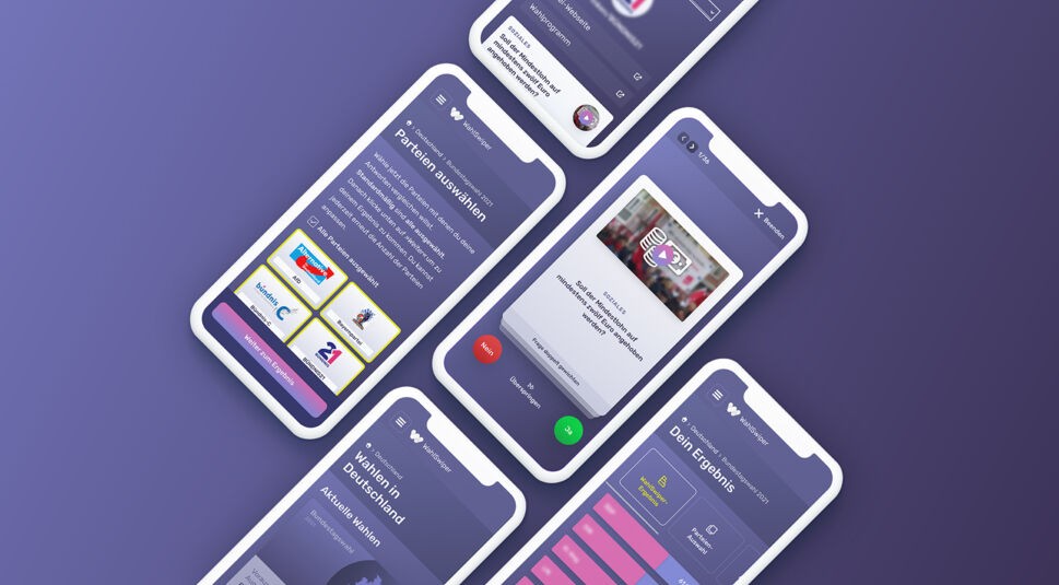 Auf mehreren Handy-Bildschirmen ist der WahlSwiper zu sehen, ein digitales Tool zur Bundestagswahl 2021.