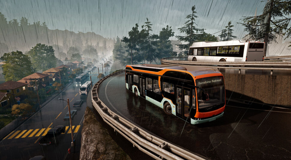 Ein Bus fährt durch den Regen im Spiel Bus Simulator 21