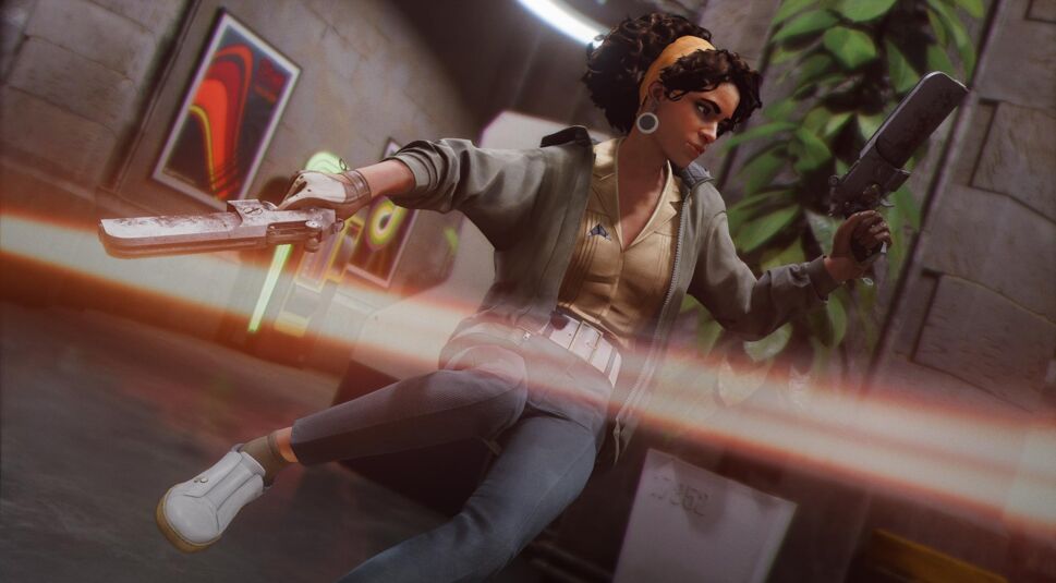 Eine Frau weicht einem Schuss aus im Spiel Deathloop