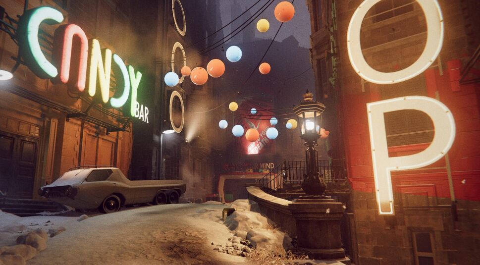 Eine verschneite Straße mit bunter Beleuchtung im Spiel Deathloop