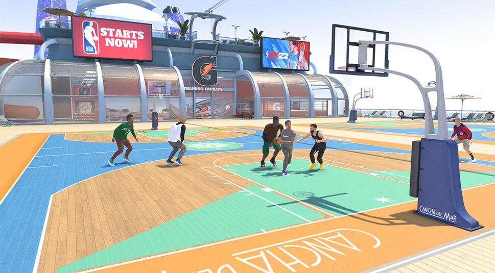 Ein Basketballspiel auf dem Deck eines Segelschiffes in NBA 2K22