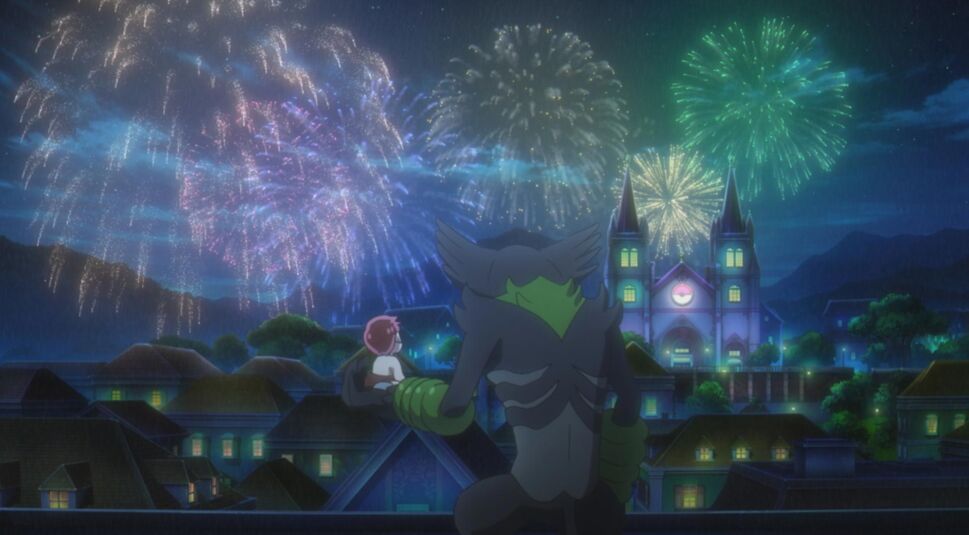 Ein Pokemon schaut sich mit einem Kind ein Feuerwerk an
