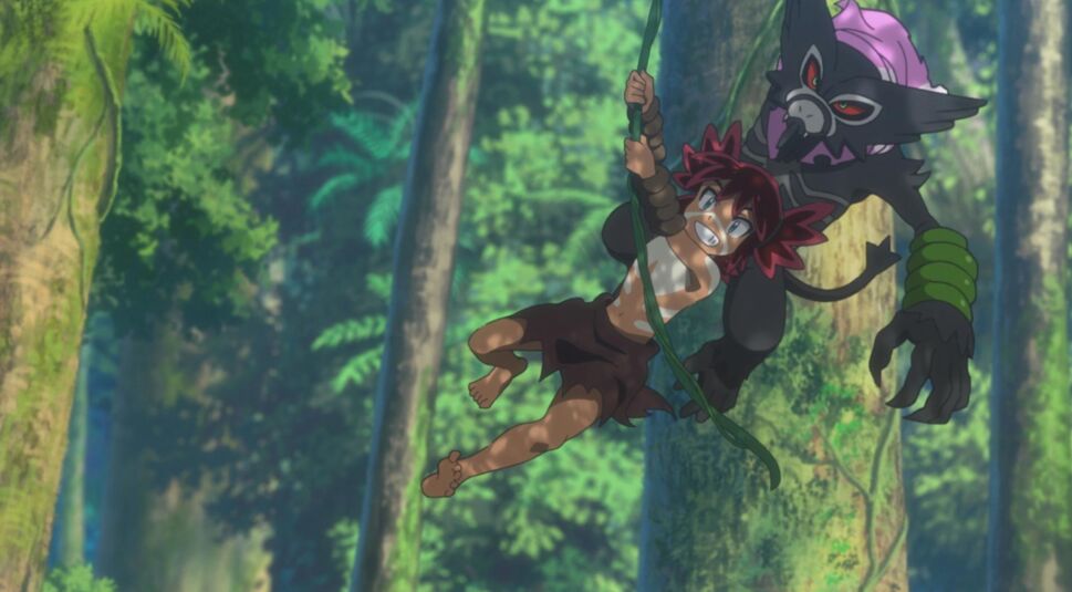 Ein Junge und ein Pokemon schwingen sich an einer Liane durch den Wald