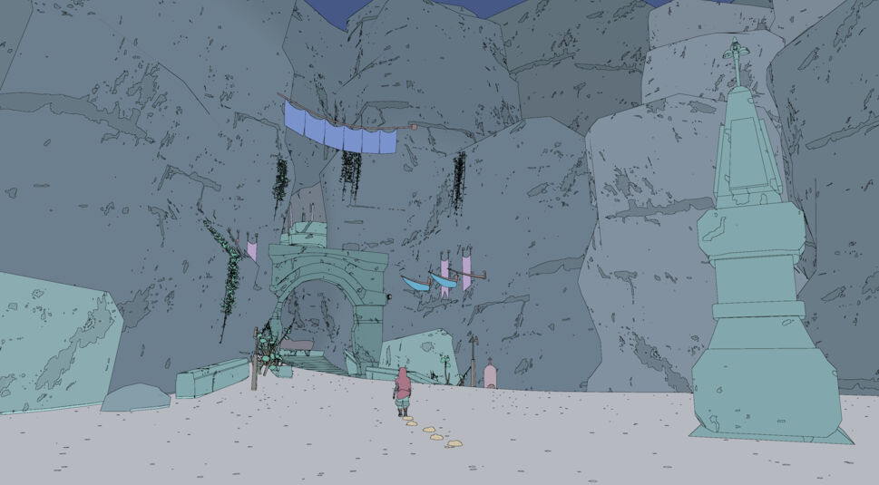 Die Protagonistin Sable läuft im gleichnamigen Spiel in eine Steinhöhle, in der Nomaden leben.