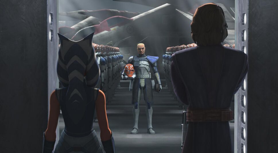 Zwei Jedi schauen auf eine Armee von Klonkriegern in Star Wars: The Clone Wars
