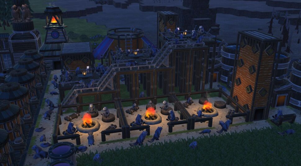 Schlafende Biber in einer Biber-Kolonie im Spiel Timberborn