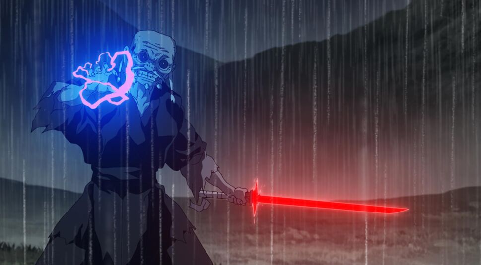 Ein Jedi steht im Regen mit seinem Laser-Samurai-Schwert in Star Wars: Visionen
