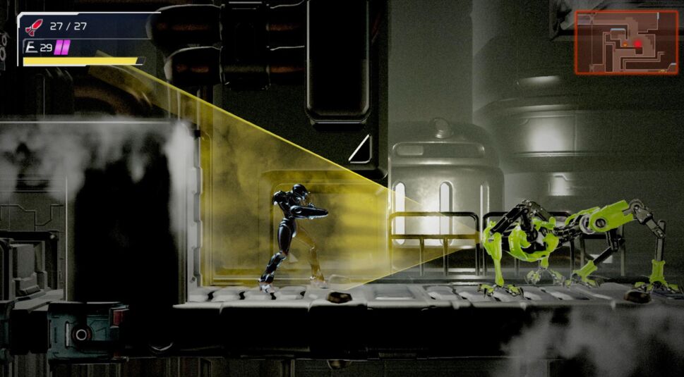 Samus Aran trant sich vor einem Roboter im Spiel Metroid Dread